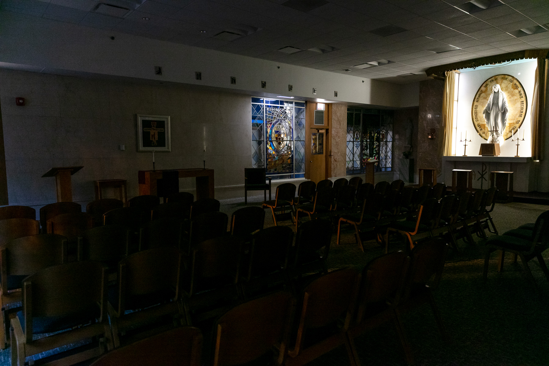Our Lady of the Miraculous Medal Chapel, in the Lewis Center, on DePaul’s Loop Campus, is closed until further notice, but prayer and meditation continue through virtual communities. (DePaul University/Randall Spriggs)